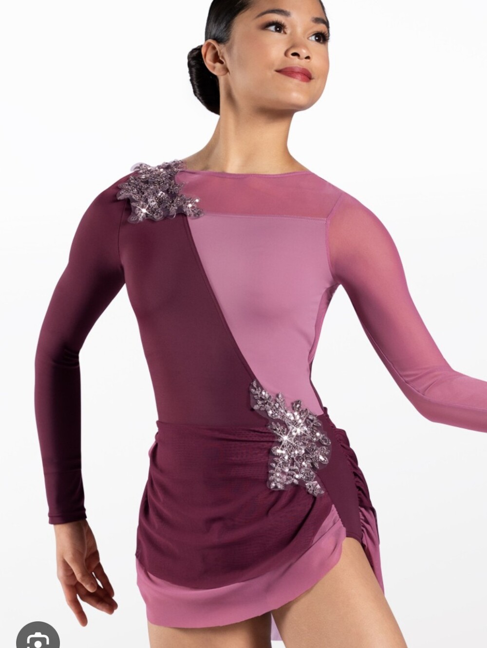 Weissman Adult AS Pink Mauve Maroon Mesh Long Sleeve Dance Dress